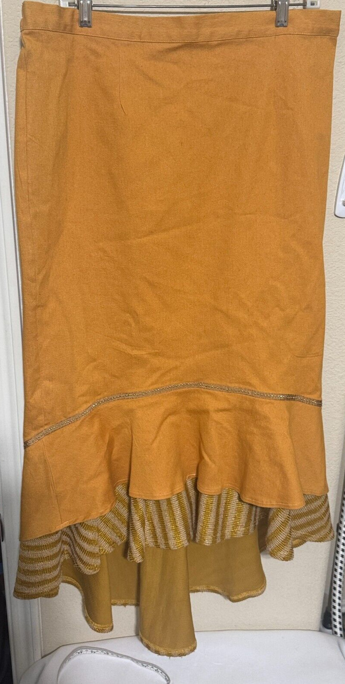 Odeliah Denim Orange Maxi Skirt Ruffle metallic hem long sz XL Western Cowgirl